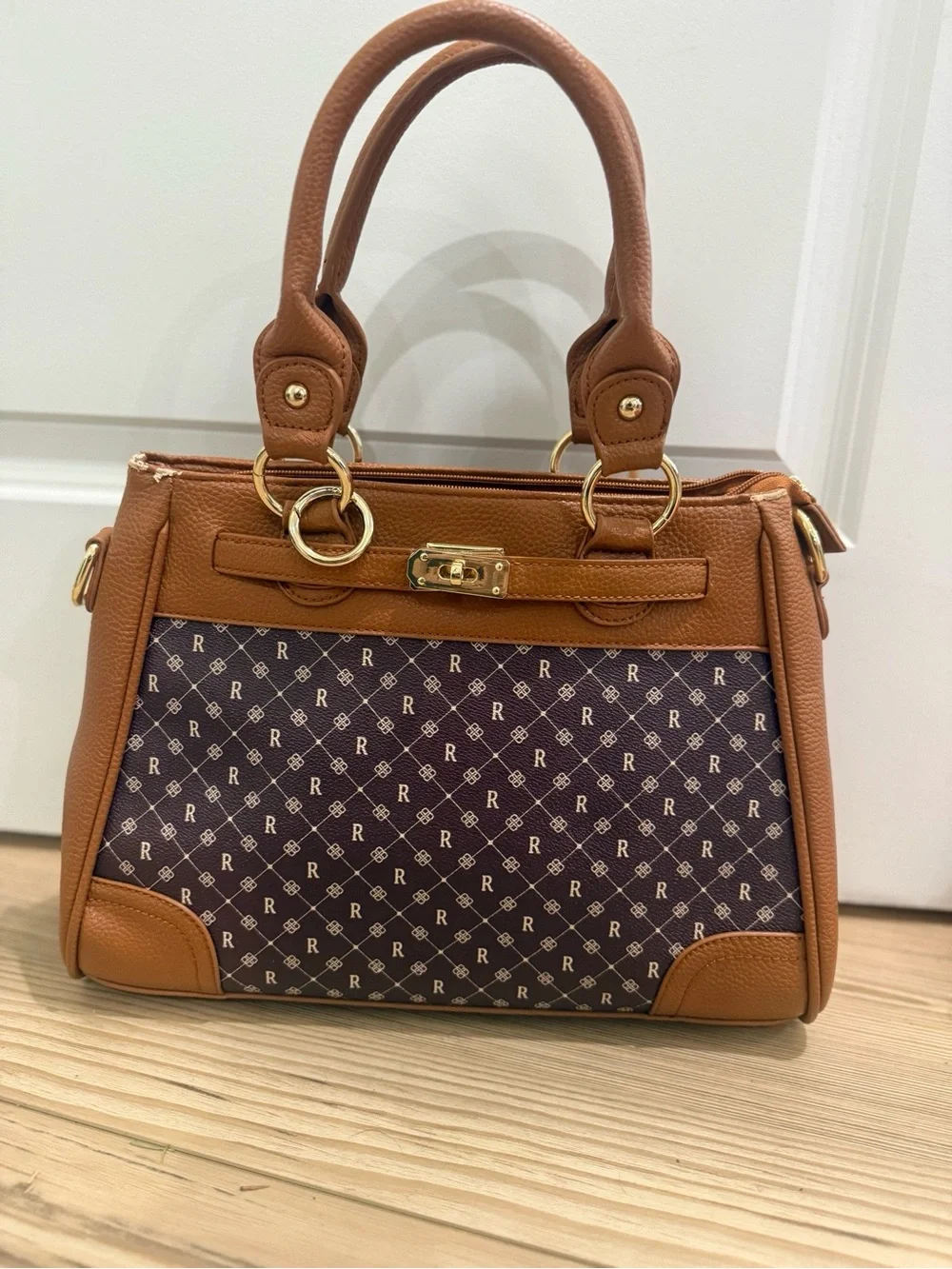 The Danbury Mint Monogram Structured Satchel Brown Faux Leather Top Handle Cross